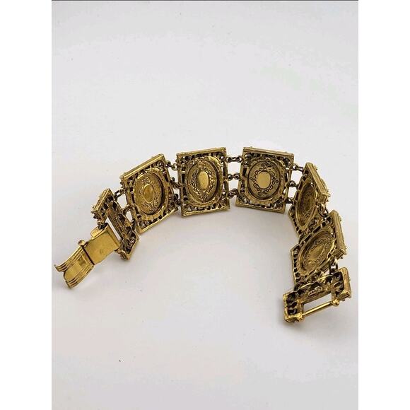 Vintage ART Signed Gold Tone Photo Locket Panel Bracelet Victorian Revival - Picture 8 of 10